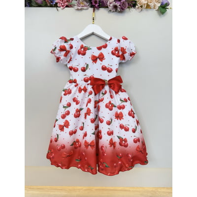 Vestido Infantil Branco Estampa Cereja Broche Daminhas Festas