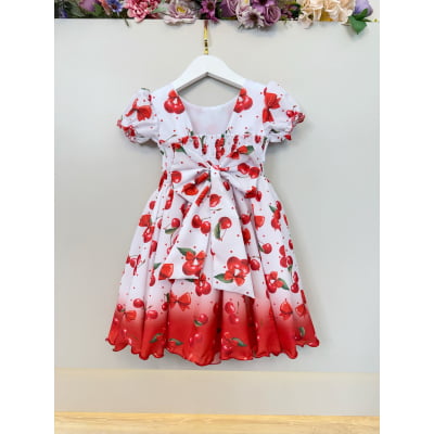 Vestido Infantil Branco Estampa Cereja Broche Daminhas Festas