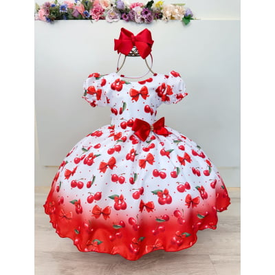 Vestido Infantil Branco Estampa Cereja Broche Daminhas Festas