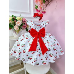 Vestido Infantil Branco Estampa Cereja C/ Broche Festas Luxo