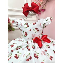 Vestido Infantil Branco Estampa Cereja C/ Broche Luxo Festas