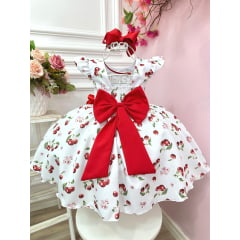 Vestido Infantil Branco Estampa Cereja C/ Broche Luxo Festas