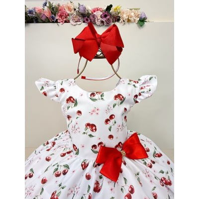 Vestido Infantil Branco Estampa Cereja C/ Broche Luxo Festas