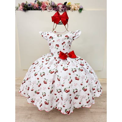 Vestido Infantil Branco Estampa Cereja C/ Broche Luxo Festas Vestido Infantil Branco Estampa Cereja C/ Broche Luxo Festas