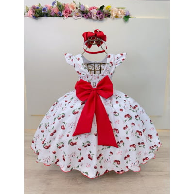 Vestido Infantil Branco Estampa Cereja C/ Broche Luxo Festas