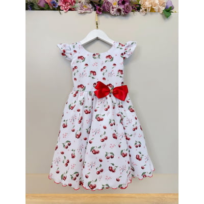 Vestido Infantil Branco Estampa Cereja C/ Broche Luxo Festas