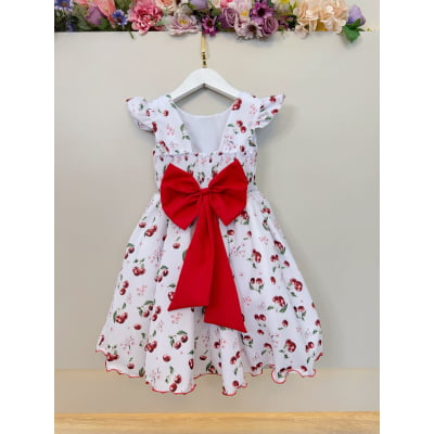 Vestido Infantil Branco Estampa Cereja C/ Broche Luxo Festas