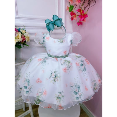 Vestido Infantil Branco Floral Verde Oliva Cinto de Pérolas