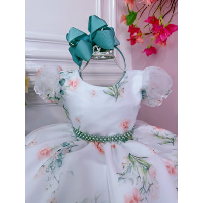 Vestido Infantil Branco Floral Verde Oliva Cinto de Pérolas