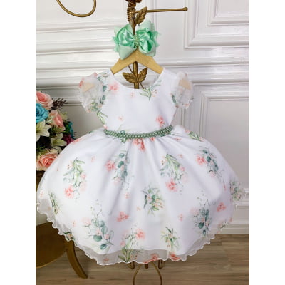 Vestido Infantil Branco Floral Verde Oliva Cinto de Pérolas