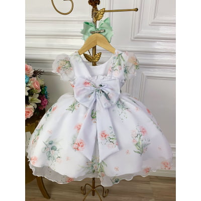 Vestido Infantil Branco Floral Verde Oliva Cinto de Pérolas