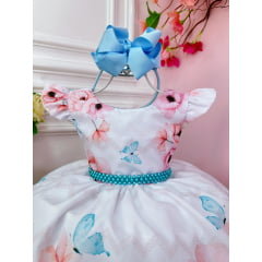 Vestido Infantil Branco Flores Jardim das Borboletas Pérolas