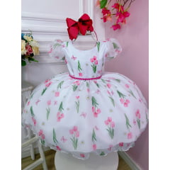 Vestido Infantil Branco Flores Tulipas C/ Cinto de Pérolas