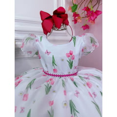 Vestido Infantil Branco Flores Tulipas C/ Cinto de Pérolas