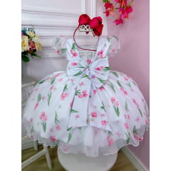 Vestido Infantil Branco Flores Tulipas C/ Cinto de Pérolas