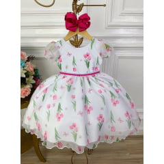 Vestido Infantil Branco Flores Tulipas C/ Cinto de Pérolas