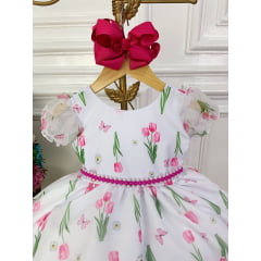 Vestido Infantil Branco Flores Tulipas C/ Cinto de Pérolas