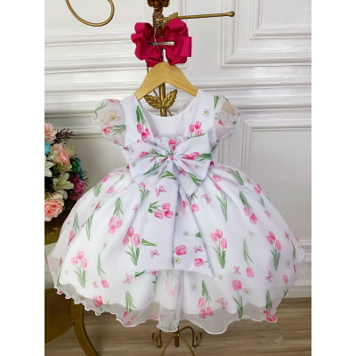 Vestido Infantil Branco Flores Tulipas C/ Cinto de Pérolas
