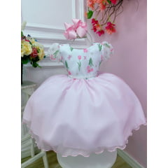 Vestido Infantil Branco Flores Tulipas e Cinto de Pérolas