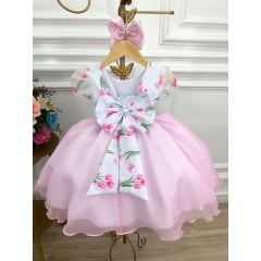 Vestido Infantil Branco Flores Tulipas e Cinto de Pérolas