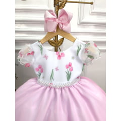 Vestido Infantil Branco Flores Tulipas e Cinto de Pérolas