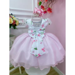 Vestido Infantil Branco Flores Tulipas e Cinto de Pérolas