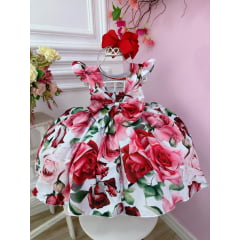 Vestido Infantil Branco Florido de Rosas Cinto Pérolas Festa