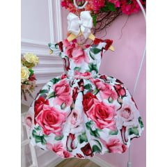 Vestido Infantil Branco Florido de Rosas Cinto Pérolas Festa