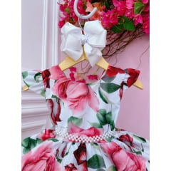 Vestido Infantil Branco Florido de Rosas Cinto Pérolas Festa