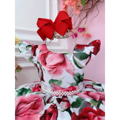 Vestido Infantil Branco Florido de Rosas Cinto Pérolas Festa