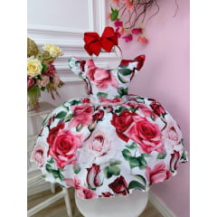 Vestido Infantil Branco Florido de Rosas Cinto Pérolas Festa
