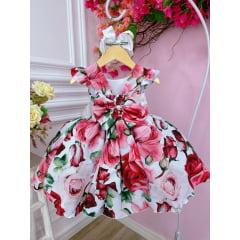 Vestido Infantil Branco Florido de Rosas Cinto Pérolas Festa