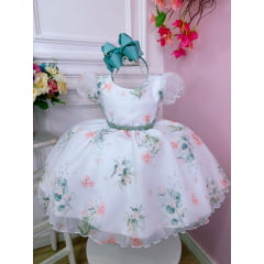 Vestido Infantil Branco Florido Rosas C/ Cinto de Pérolas