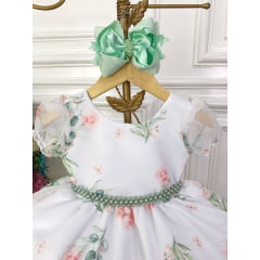 Vestido Infantil Branco Florido Rosas C/ Cinto de Pérolas