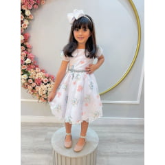 Vestido Infantil Branco Floral Verde Oliva Cinto de Pérolas
