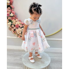 Vestido Infantil Branco Floral Verde Oliva Cinto de Pérolas
