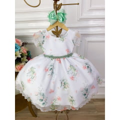 Vestido Infantil Branco Floral Verde Oliva Cinto de Pérolas