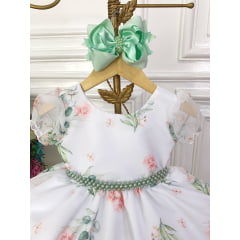 Vestido Infantil Branco Floral Verde Oliva Cinto de Pérolas