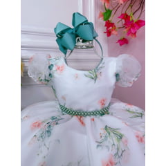 Vestido Infantil Branco Floral Verde Oliva Cinto de Pérolas