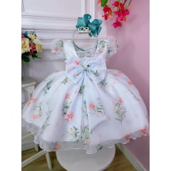 Vestido Infantil Branco Floral Verde Oliva Cinto de Pérolas