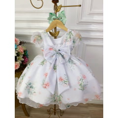 Vestido Infantil Branco Floral Verde Oliva Cinto de Pérolas