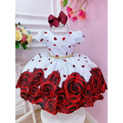 Vestido Infantil Branco Florido Rosas Vermelhas C/ Strass