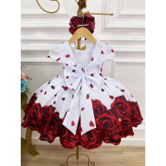 Vestido Infantil Branco Florido Rosas Vermelhas C/ Strass