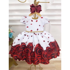 Vestido Infantil Branco Florido Rosas Vermelhas C/ Strass