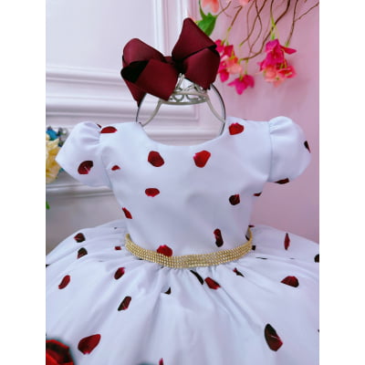 Vestido Infantil Branco Florido Rosas Vermelhas C/ Strass