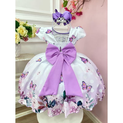 Vestido Infantil Branco Jardim das Borboletas Lilás Festas