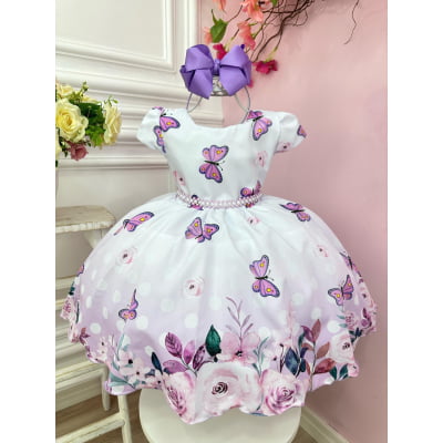 Vestido Infantil Branco Jardim das Borboletas Lilás Festas