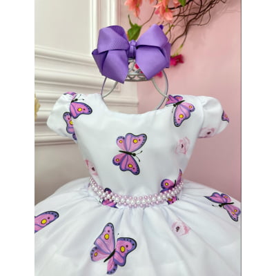 Vestido Infantil Branco Jardim das Borboletas Lilás Festas