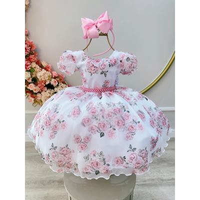 Vestido Infantil Branco Jardim das Rosas Daminhas Luxo