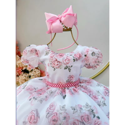 Vestido Infantil Branco Jardim das Rosas Daminhas Luxo